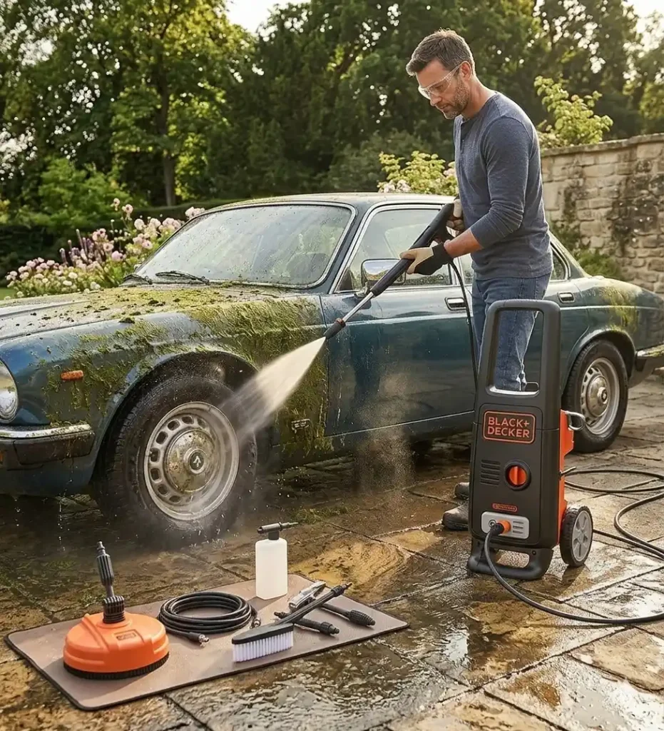 Lavage haute pression d'une voiture ancienne recouverte de mousse avec le nettoyeur haute pression électrique BLACK+DECKER BXPW1600PE et son kit d'accessoires complet