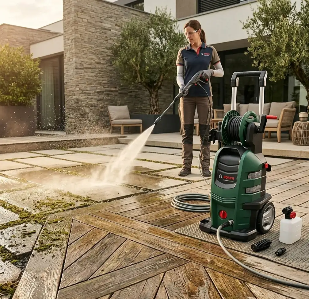 Mise en scène d'un nettoyage de terrasse par un professionnel équipé de lunettes de sécurité. L'image montre le jet puissant du nettoyeur haute pression Bosch vert pulvérisant la mousse incrustée, révélant la pierre claire sous l'effet de l'eau. Au sol, les accessoires du kit (brosses, canon à mousse) sont organisés sur un tapis pour illustrer la polyvalence de l'appareil.