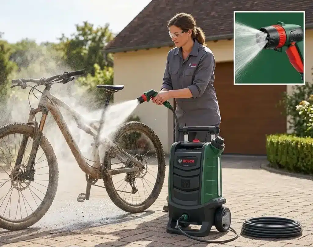 Démonstration du nettoyeur sans fil Bosch Fontus 18V pour le lavage de vélos. La photo montre l'utilisation de l'appareil portable sur un VTT sale, mettant en évidence sa puissance et sa portabilité sans fil. Des encadrés détaillent la buse de pulvérisation et la batterie 18V.