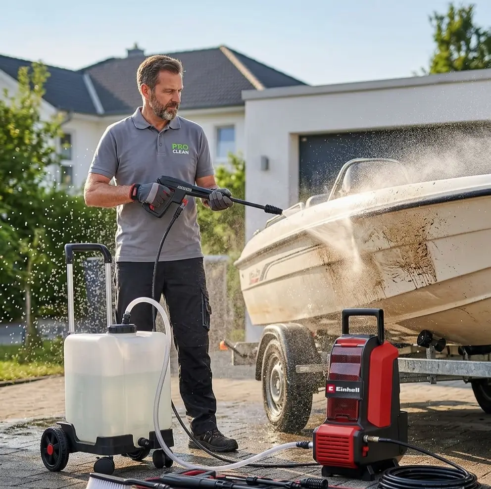 Nettoyage d'un bateau avec le nettoyeur haute pression sans fil Einhell