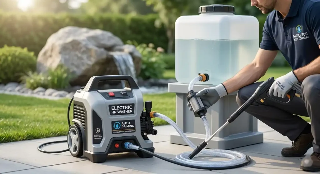 Gros plan détaillé sur le système de filtration fin installé sur l'arrivée d'eau d'un nettoyeur haute pression électrique professionnel. On voit le raccord en laiton et le filtre transparent avec un maillage fin, tandis qu'une personne portant des gants bleus vérifie le dispositif. L'eau est pompée depuis une citerne de récupération d'eau de pluie visible à l'arrière-plan, illustrant une solution écologique et protégée pour le nettoyage extérieur.