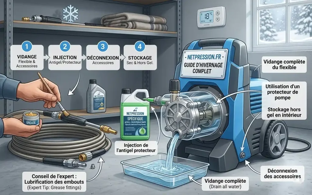 Gros plan sur l'hivernage d'un nettoyeur haute pression dans un garage sec. L'utilisateur, portant des gants bleus, applique un lubrifiant en spray sur le raccord en laiton du flexible. À côté de la machine, on voit un bidon de liquide antigel spécifique et un pot de graisse, illustrant la protection complète des composants internes contre le gel.