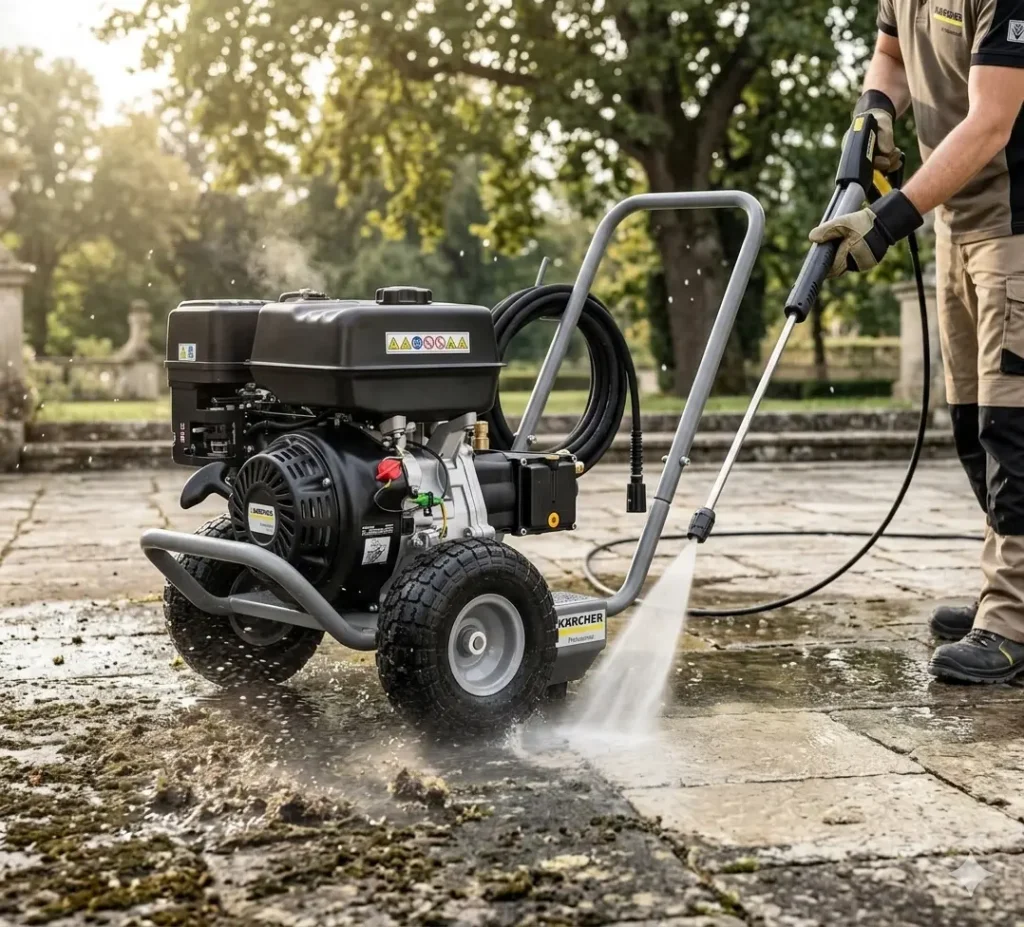 Mise en scène professionnelle d'un puissant nettoyeur haute pression thermique Kärcher Professional en action. Un utilisateur nettoie une terrasse en pierre recouverte de mousse, révélant la pierre propre sous le jet d'eau haute pression.