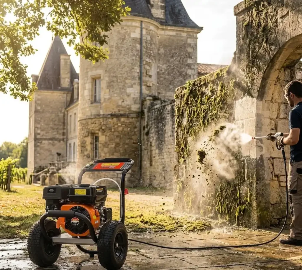 Nettoyeur haute pression thermique Mecafer en action sur une façade de château : décapage de mousse et restauration de pierre de taille.