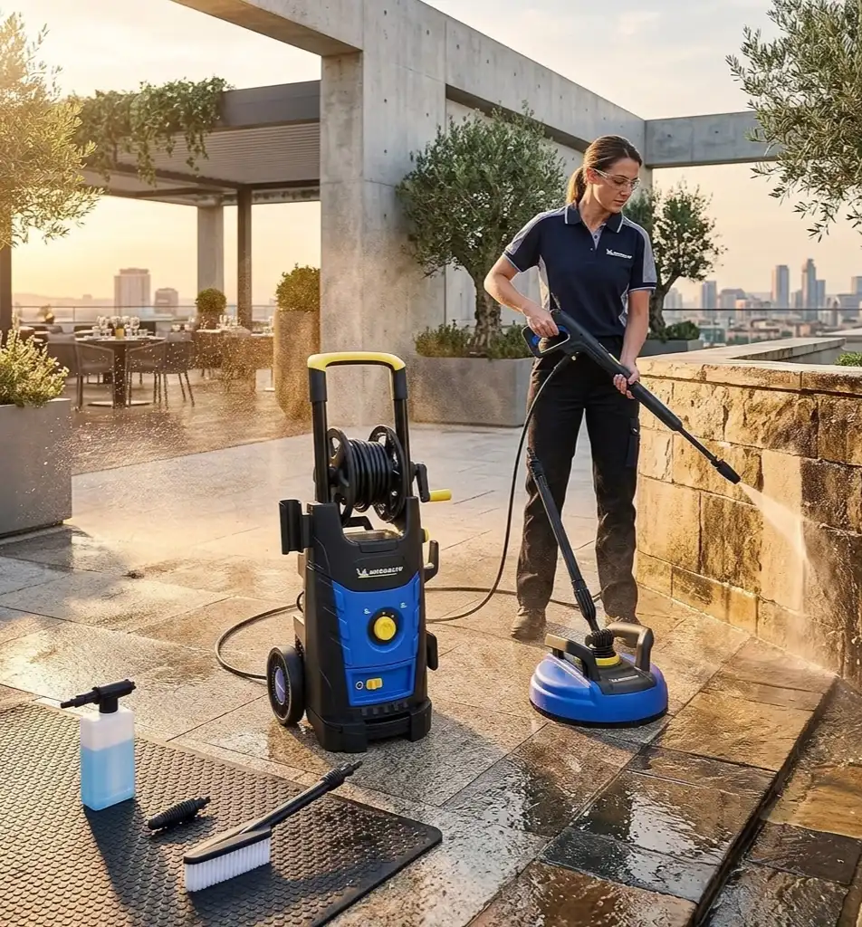 Démonstration de puissance avec le nettoyeur haute pression Michelin MPX. Le jet décolle sans effort les dépôts de mousse verts sur une façade en pierre. L'opérateur utilise le nettoyeur de surface du kit pour un résultat uniforme, révélant la pierre claire. Parfait pour les services de nettoyage et rénovation de façades.