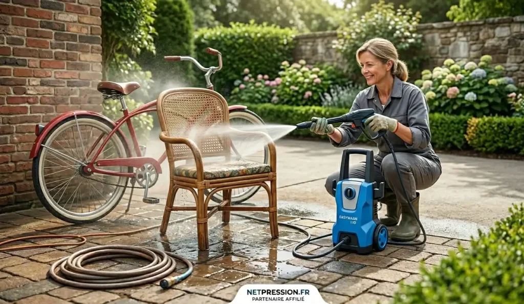 Une photographie en extérieur, par une journée ensoleillée, montrant une femme souriante portant une combinaison de travail grise et des bottes en caoutchouc. Elle est accroupie sur un patio pavé et utilise un nettoyeur haute pression bleu pour vaporiser de l'eau sur une chaise en rotin et en bambou. À gauche, un vélo de ville rouge vintage est garé contre un mur en briques. En arrière-plan, un jardin luxuriant avec des hortensias en fleurs et un mur en pierres. Un tuyau d'arrosage marron est enroulé au premier plan à gauche.