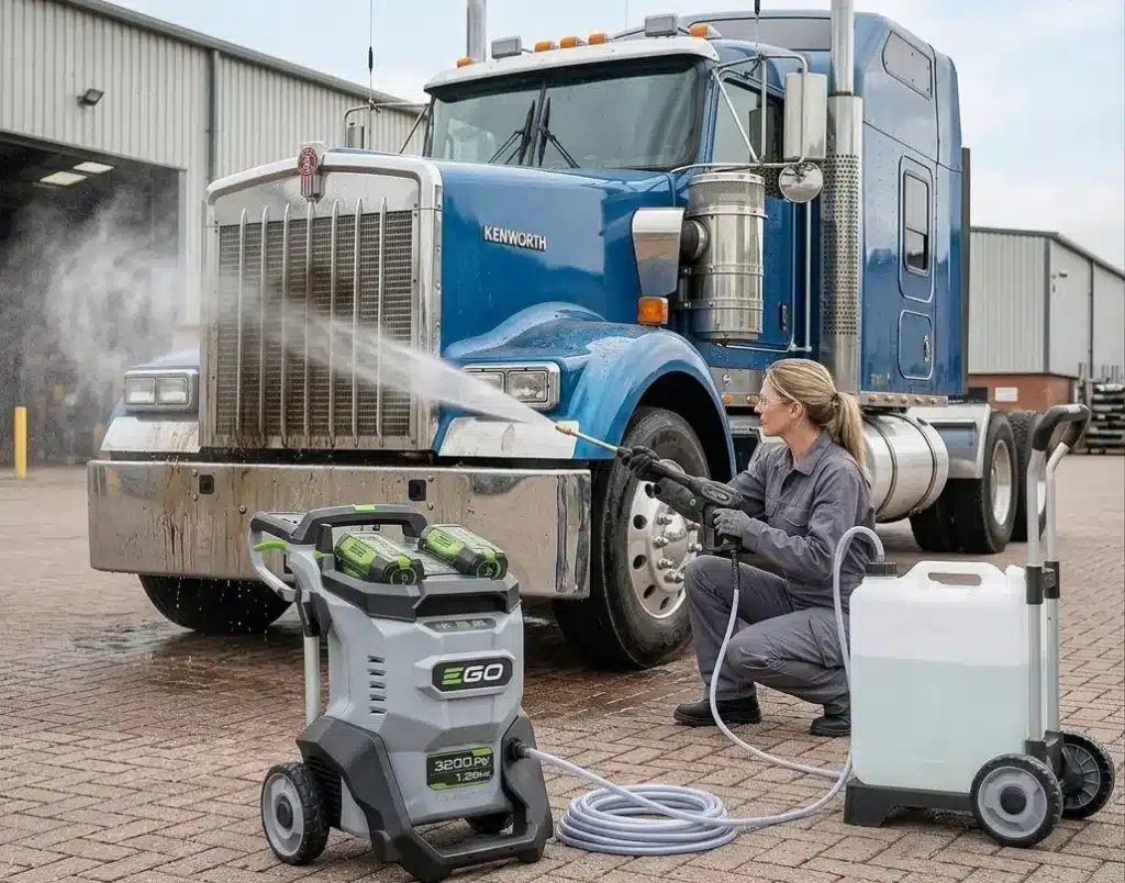 Nettoyeur haute pression EGO 56V cordless en action. Puissant lavage portable pour camions, vélos et plus. Batterie 56V incluse.