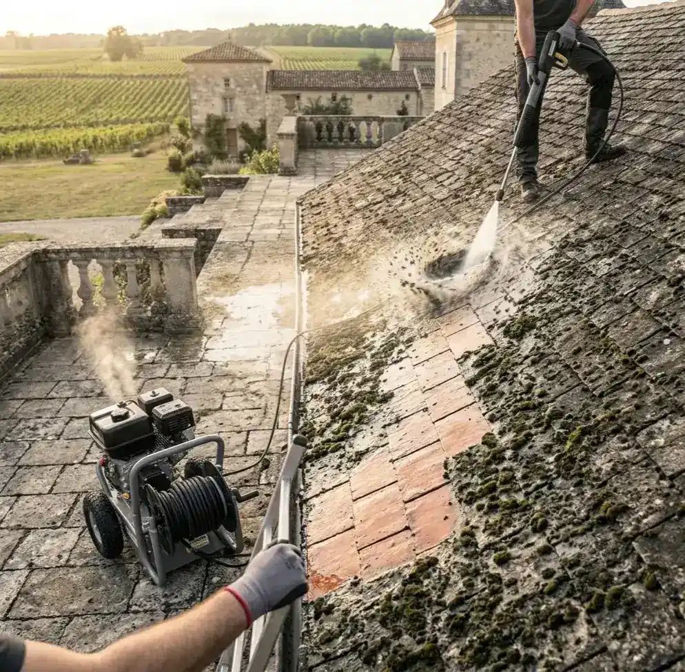 Vue d'action du nettoyeur thermique professionnel Nettoyeur haute pression HD 7/20 G décapant de la mousse sur une toiture de propriété de luxe.