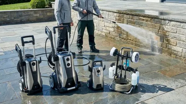Deux hommes avec des nettoyeurs haute pression sur une terrasse pavée, l'un nettoyant un mur de pierre. Plusieurs modèles au sol.