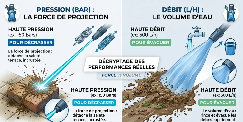 Une infographie comparative de NETPRESSION.FR expliquant la différence entre la pression (Bars) et le débit (L/H) pour les nettoyeurs haute pression. À gauche, un jet fin et puissant (Pression) illustré par des ressorts, qui désincruste la saleté tenace d'une brique. À droite, un large volume d'eau (Débit) illustré par un robinet et un seau, qui évacue rapidement la boue et les feuilles mortes. Le centre affiche "DÉCRYPTAGE DES PERFORMANCES RÉELLES - FORCE vs VOLUME"