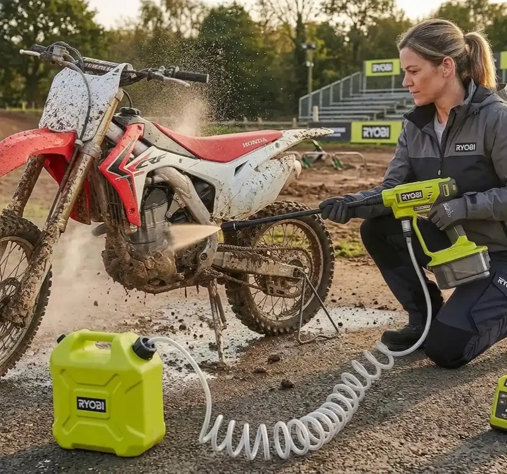 Démonstration du nettoyeur haute pression sans fil Ryobi ONE+ en action pour le nettoyage d'une moto cross Honda boueuse. Le pistolet de nettoyage est alimenté par un réservoir d'eau portable Ryobi et est visible au premier plan. La moto est nettoyée de la boue et des débris. Une pile de boue et de débris enlevés est sur le quai.