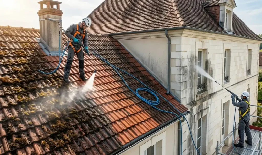 Vue d'un chantier de rénovation montrant l'avant/après sur une toiture et une façade en cours de nettoyage haute pression. Un professionnel équipé d'un harnais de sécurité utilise un nettoyeur puissant pour désincruster la mousse et les lichens sur les tuiles rouges et le crépi, révélant la propreté en dessous. Le long flexible bleu de la machine est visible sur l'échafaudage.