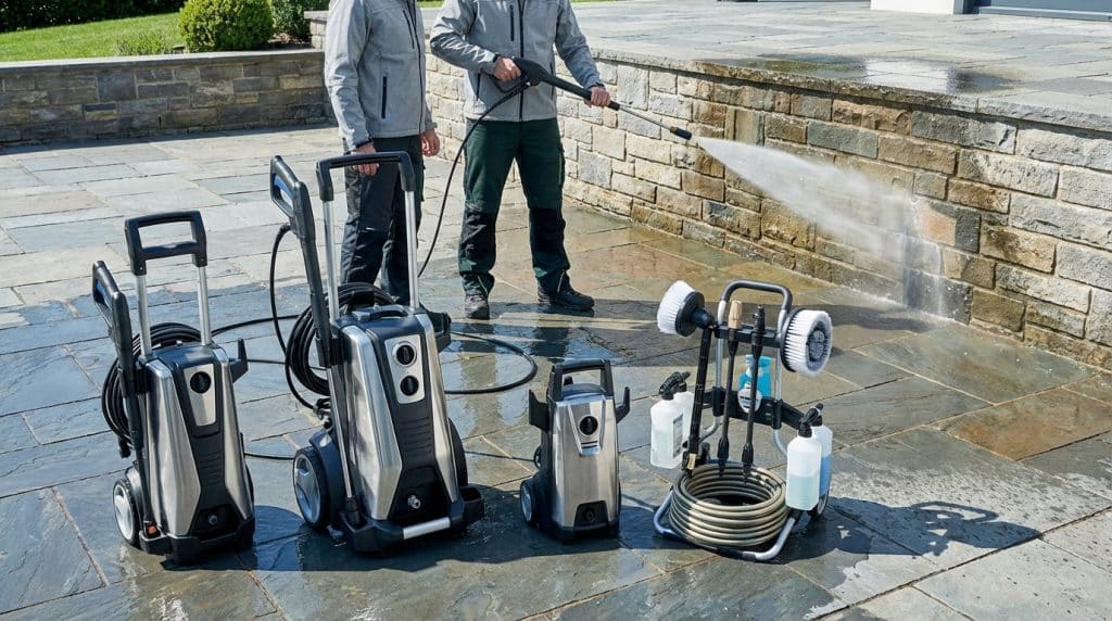 Deux hommes avec des nettoyeurs haute pression sur une terrasse pavée, l'un nettoyant un mur de pierre. Plusieurs modèles au sol.