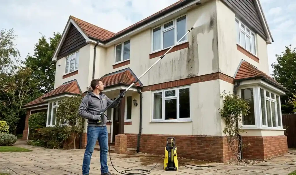 utilisateur lance télescopique nettoyeur haute pression nettoyage façade maison sol sans échelle