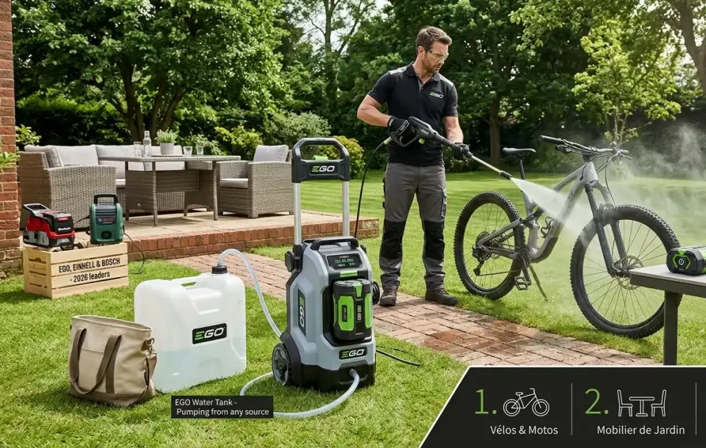 Une scène extérieure professionnelle présentant l'usage d'un nettoyeur haute pression sans fil EGO pour nettoyer un vélo tout-terrain. L'image illustre la polyvalence du système : pompage d'eau depuis un réservoir indépendant, batteries interchangeables sur une table, et infographie rappelant les 3 usages clés (Vélos & Motos, Mobilier de jardin, Petites terrasses). On aperçoit également des modèles Einhell et Bosch en arrière-plan.