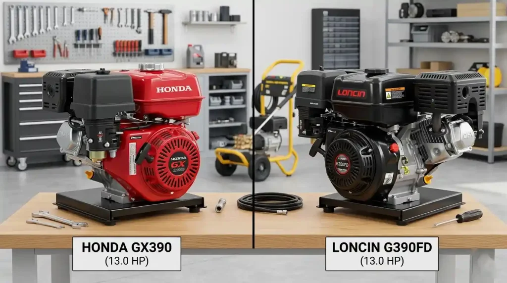 Un comparatif côte à côte en studio d'un moteur Honda GX390 rouge (13.0 HP) et d'un moteur Loncin G390FD noir (13.0 HP), posés sur une table en bois dans un atelier d'entretien organisé, avec un nettoyeur haute pression en arrière-plan