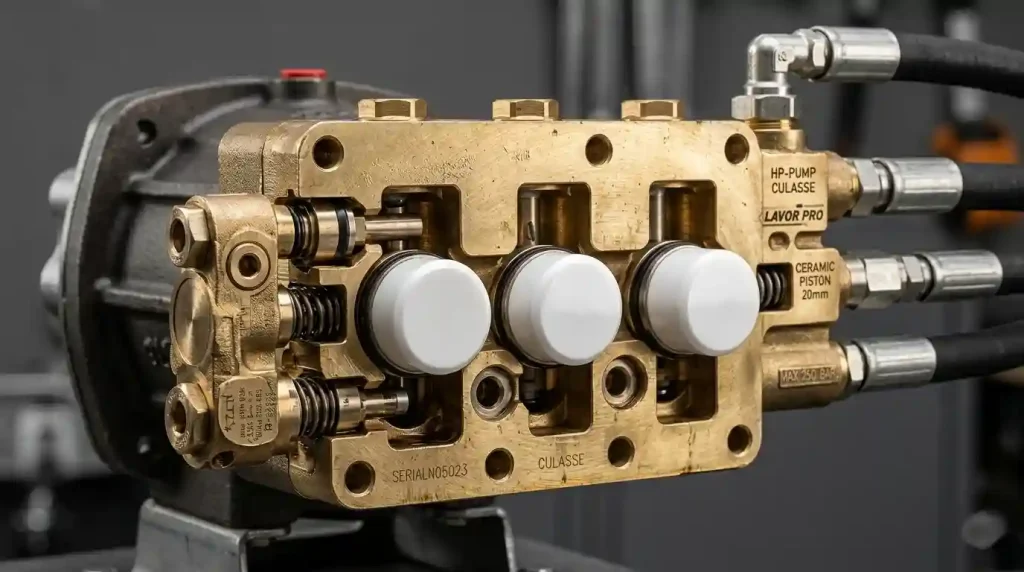 Gros plan technique d'une culasse de pompe haute pression Lavor Pro, montrant les pistons en céramique et le mécanisme de coupe en studio sur fond gris