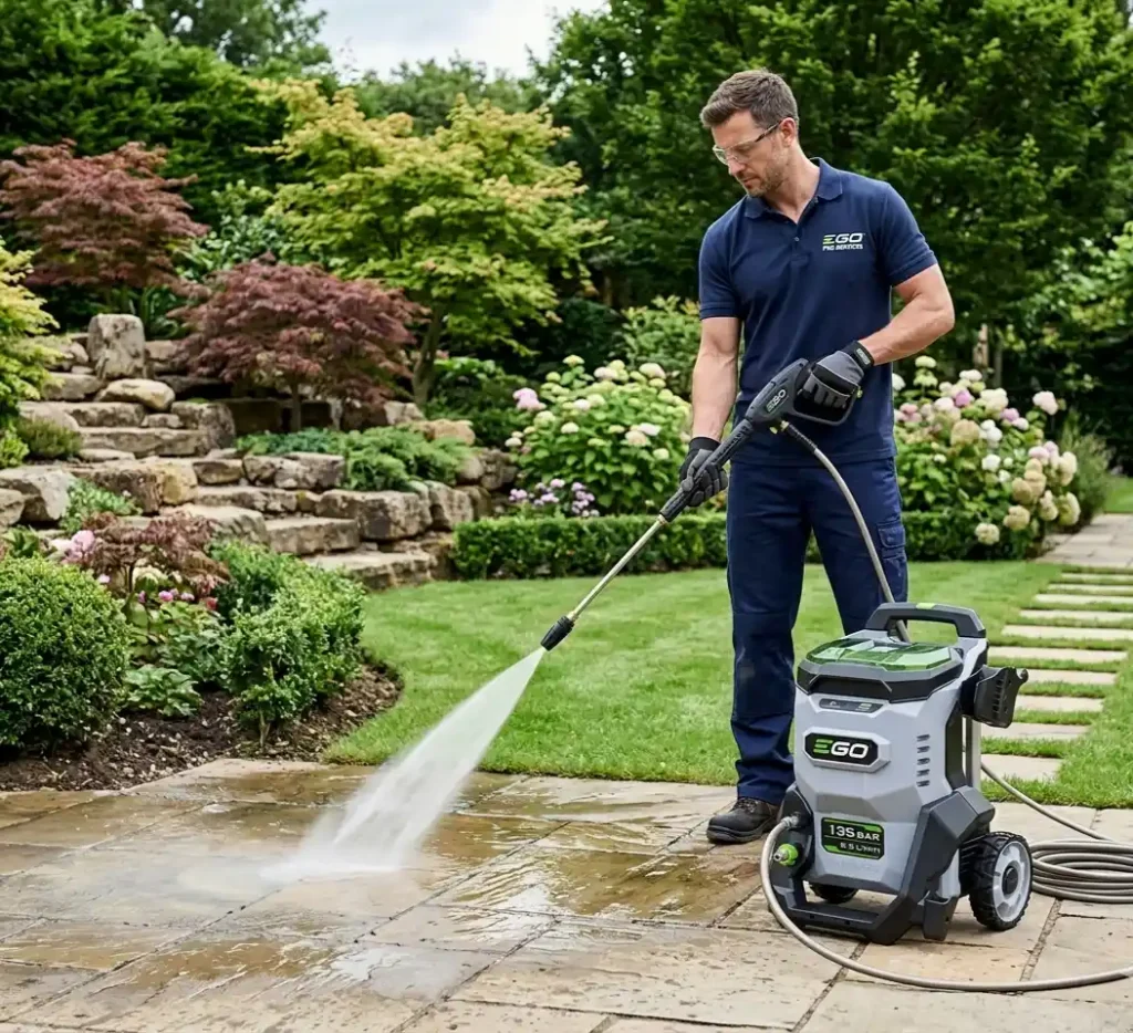 nettoyeur haute pression sans fil EGO Power+ 135 bar utilisé sur batterie dans un jardin