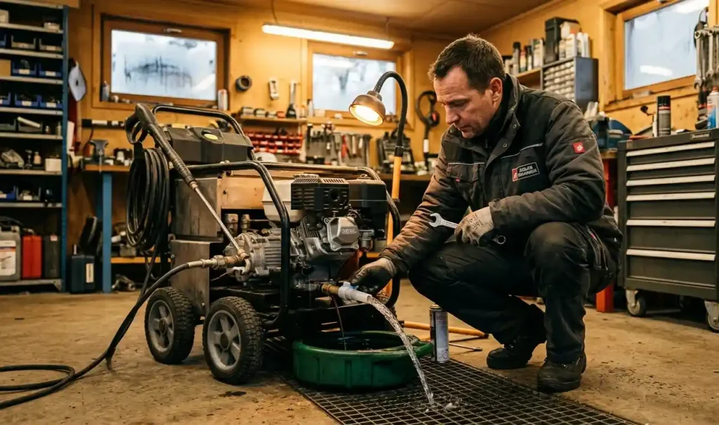 Technicien en atelier effectuant la vidange et la purge d'eau d'un nettoyeur haute pression thermique professionnel pour l'entretien hivernal.