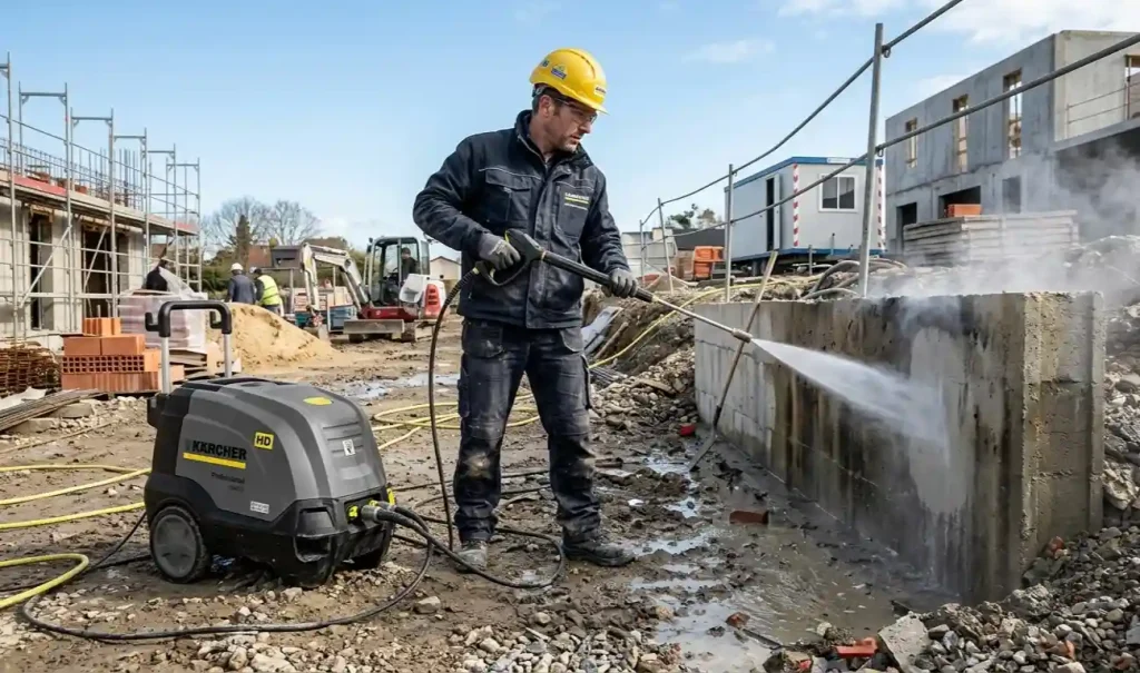 nettoyeur haute pression professionnel Karcher HD utilisé par un artisan sur un chantier de construction