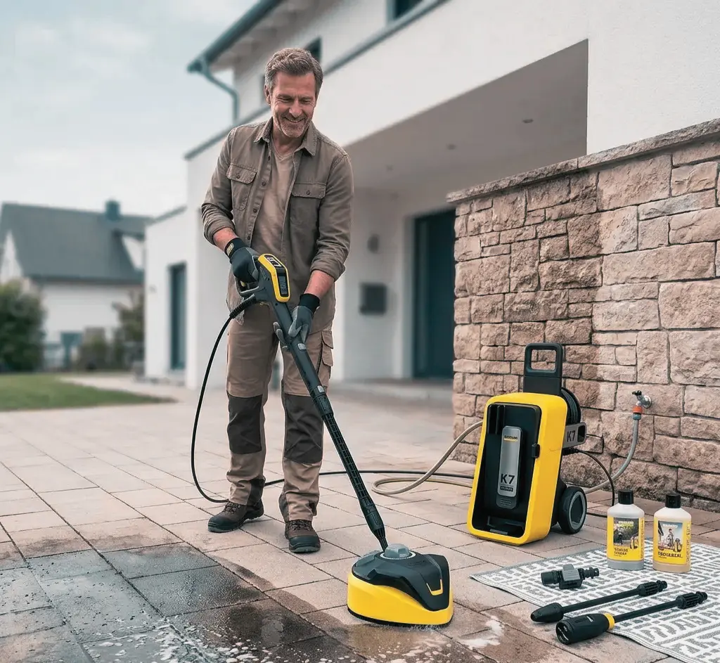 nettoyeur haute pression électrique Kärcher K7 nettoyant son jardin résidentiel terrasse
