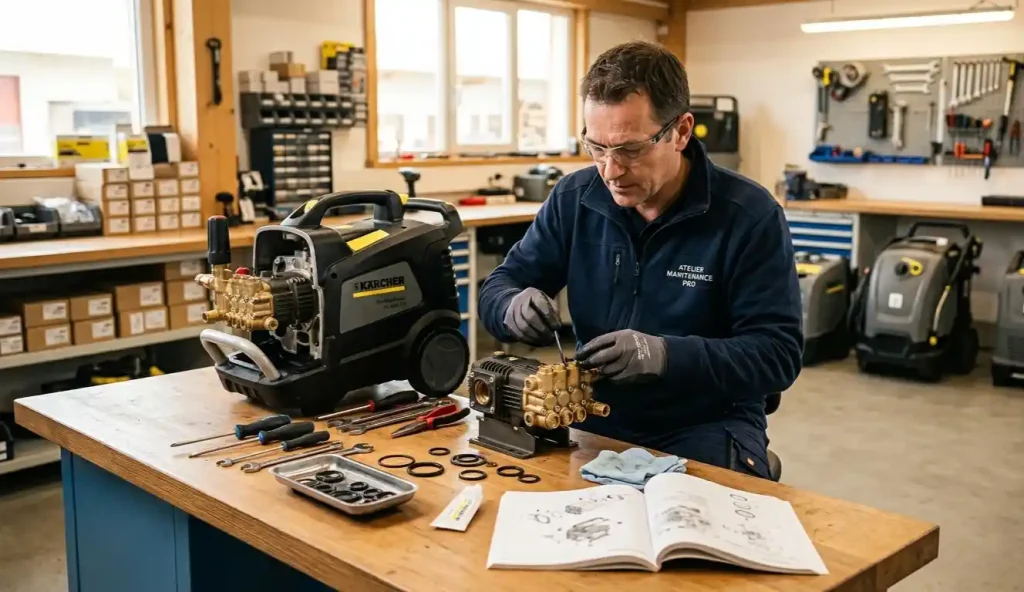 technicien effectuant la maintenance d'un nettoyeur haute pression professionnel avec remplacement de joints dans un atelier