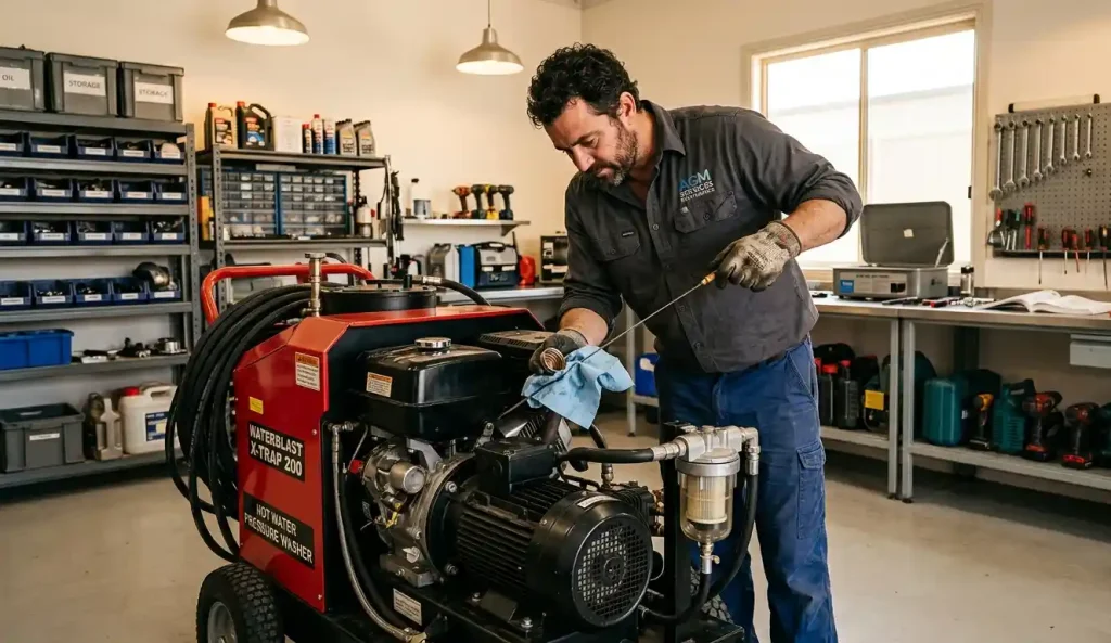 echnicien vérifiant le niveau d'huile d'un nettoyeur haute pression eau chaude dans un atelier professionnel.