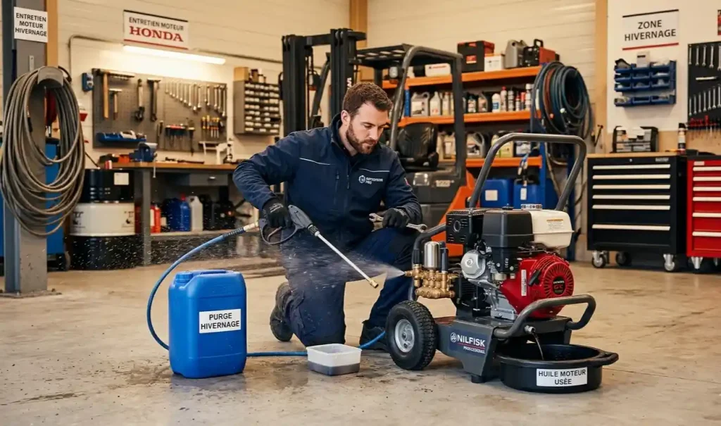 Un technicien dans un atelier organisé effectue la vidange d'huile et la purge d'hivernage d'un nettoyeur haute pression professionnel équipé d'un moteur Honda rouge