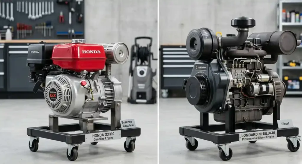 Vue côte à côte d'un moteur à essence Honda GX390 rouge et d'un moteur diesel noir dans un atelier professionnel propre.