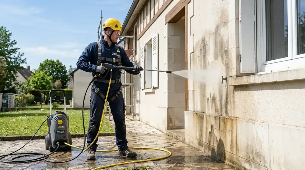 ouvrier utilisant un nettoyeur haute pression professionnel pour le nettoyage d'une façade de maison