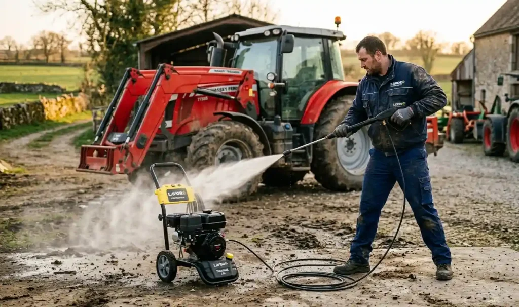 Ouvrier utilisant un nettoyeur haute pression thermique Lavor jaune pour nettoyer un tracteur rouge sur un chantier agricole au coucher du soleil