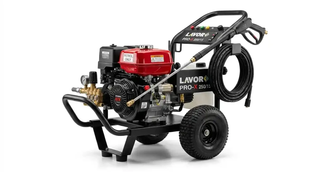 nettoyeur haute pression professionnel sur châssis acier avec grandes roues gonflables. Il est équipé d'un moteur thermique (essence) Honda GX avec réservoir rouge. La lance de nettoyage et le tuyau haute pression enroulé sont fixés sur le côté