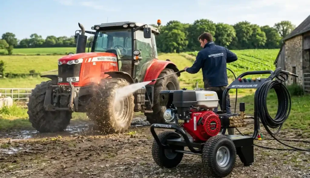 nettoyeur haute pression thermique avec moteur Honda GX390 rouge utilisé pour nettoyer un tracteur Massey Ferguson sur une exploitation agricole.