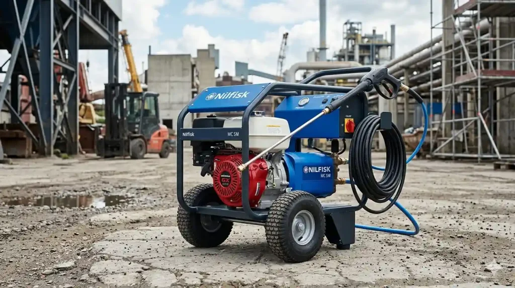 Un nettoyeur haute pression professionnel Nilfisk MC 5M bleu, équipé d'un moteur Honda GX rouge, posé sur un sol en béton dans un environnement industriel avec des échafaudages et un chariot élévateur en arrière-plan