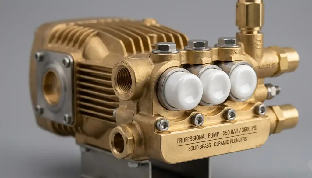 gros plan sur pompe de nettoyeur haute pression en laiton avec pistons céramique professionnels
