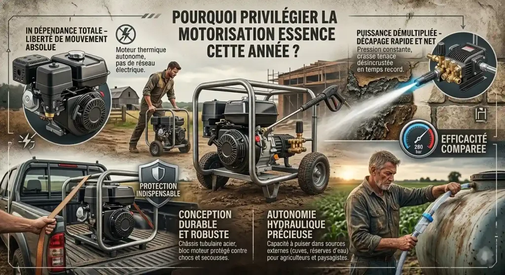 Au centre, on voit un utilisateur manipulant un nettoyeur robuste sur un terrain accidenté, soulignant l'absence de fils électriques et la liberté de mouvement absolue sur les chantiers isolés.