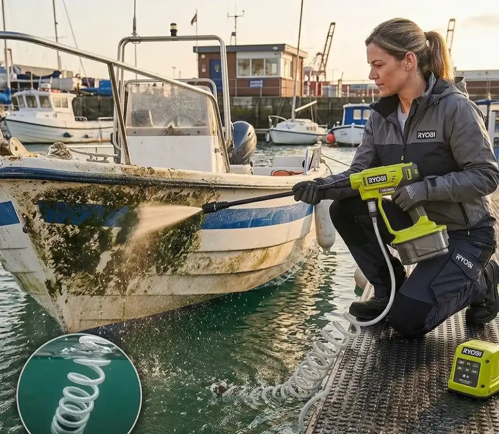 Démonstration du pistolet de nettoyage haute pression sans fil Ryobi ONE+ EZClean 18V en action sur un bateau dans une marina. L'utilisatrice porte des vêtements de marque Ryobi et le pistolet est équipé d'une batterie ONE+ et d'un tuyau d'aspiration avec un filtre visible, puits l'eau du port. La coque du bateau est nettoyée des algues. Une batterie Ryobi et un chargeur sont sur le quai.