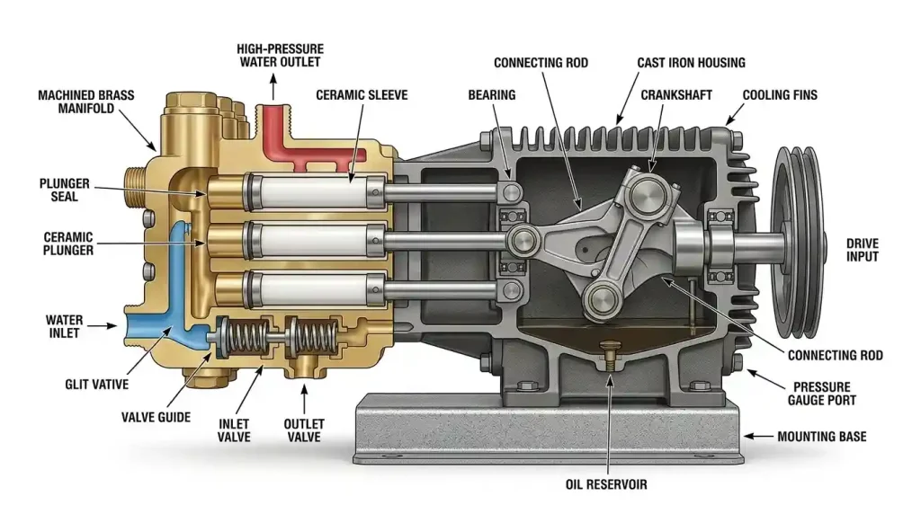 Illustration technique détaillée en coupe d'une pompe haute pression montrant la culasse en laiton, les pistons en céramique blanche, le vilebrequin et les bielles sur un fond blanc épuré.