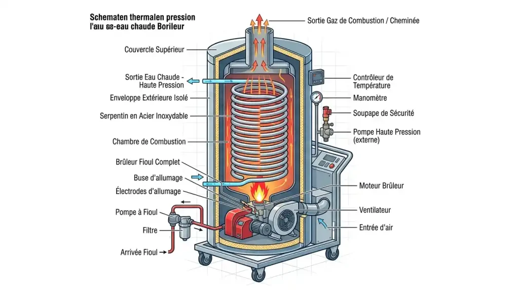Illustration en coupe d'une chaudière de nettoyeur thermique montrant le serpentin en acier, le brûleur à fioul et les composants internes