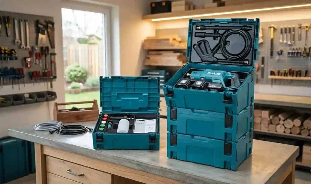 coffrets MAKPAC empilables rangement nettoyeur haute pression sans fil Makita accessoires buses atelier