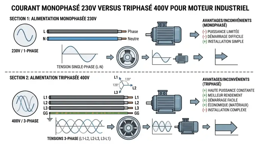 schéma technique comparaison courant monophasé 230V et triphasé 400V moteur industriel