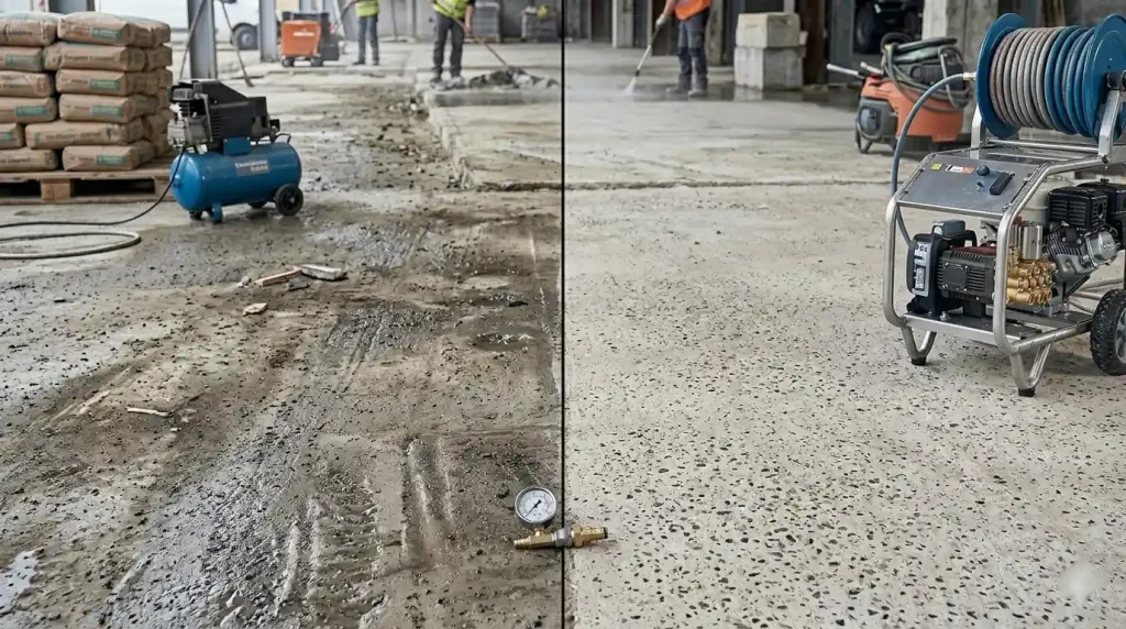 comparaison avant après décapage nettoyeur haute pression 300 bars surface béton industrielle