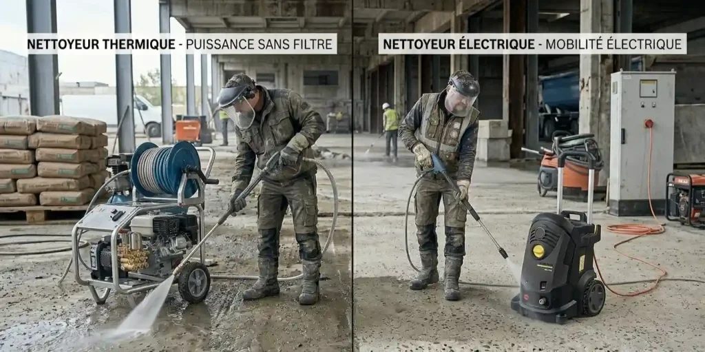 comparaison nettoyeur haute pression thermique et électrique côte à côte chantier extérieur