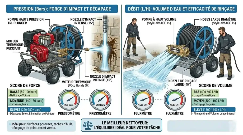 infographie comparative pression bars et débit litres 
heure nettoyeur haute pression professionnel