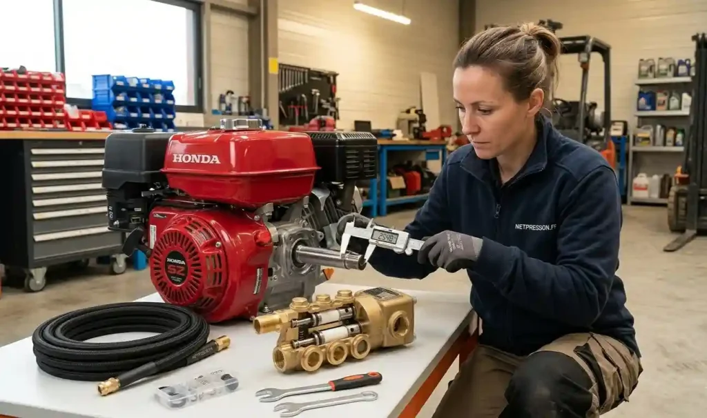 technicien mesurant arbre sortie moteur thermique
pied à coulisse compatibilité pompe haute pression