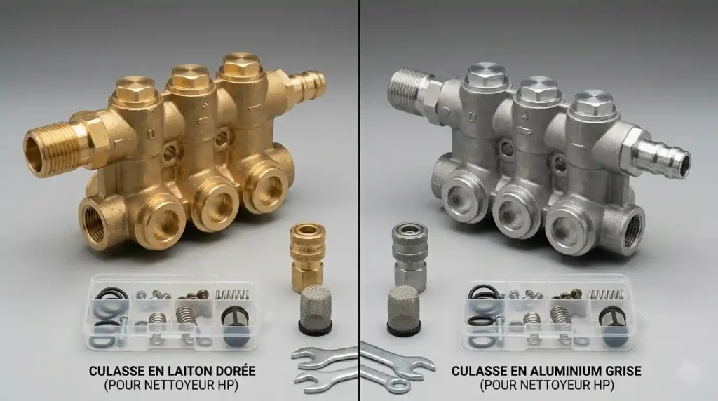comparaison culasse laiton dorée et aluminium grise
pompe nettoyeur haute pression thermique