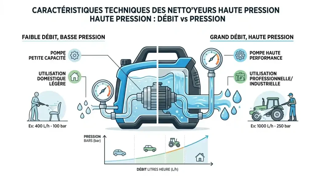 Infographie technique débit litres heure versus pression 
bars nettoyeur haute pression, style illustration épurée 
fond blanc, format paysage