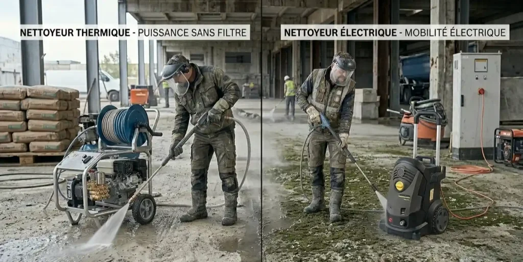 avant après décapage nettoyeur haute pression sur dalle béton encrassée lichen mousse