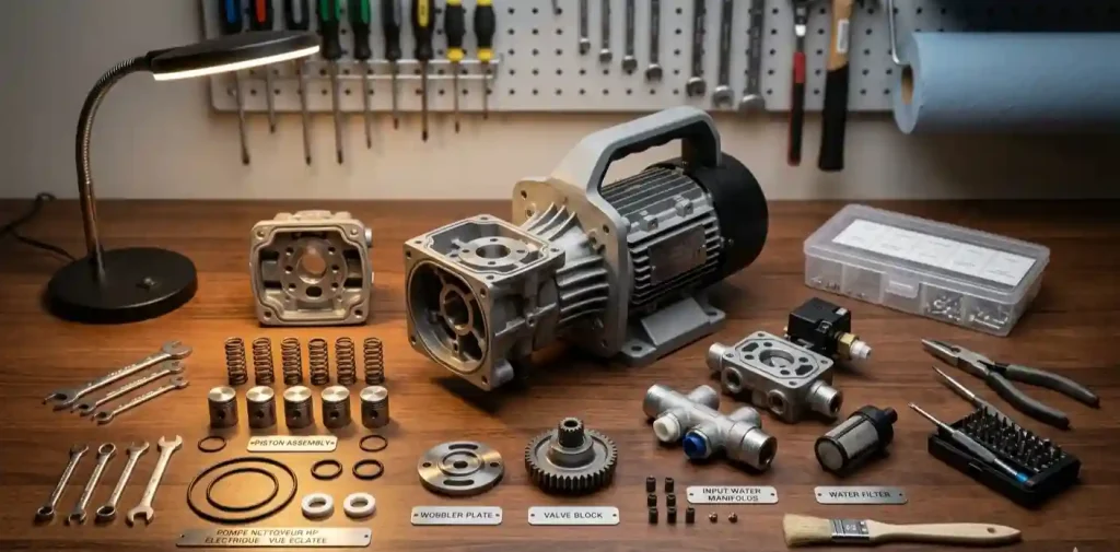 Pistons et ressorts d'une pompe de nettoyeur haute pression démontée sur un établi.
