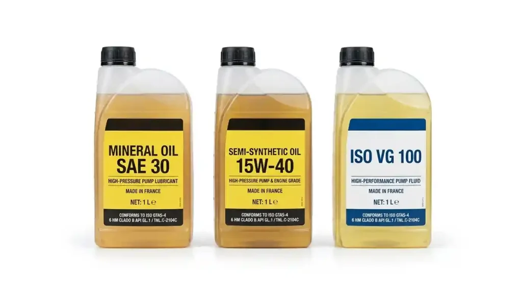 comparaison flacons huile SAE 30 15W40 ISO VG 100 pompe nettoyeur haute pression électrique